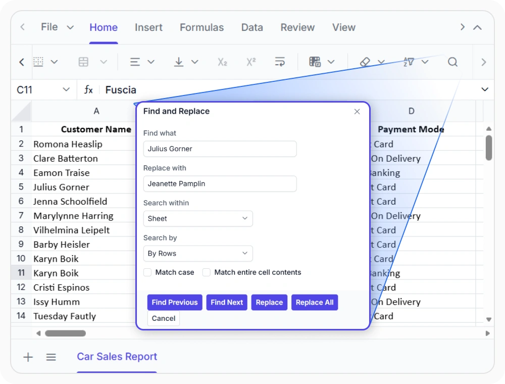 Find and Replace in React Spreadsheet Editor.