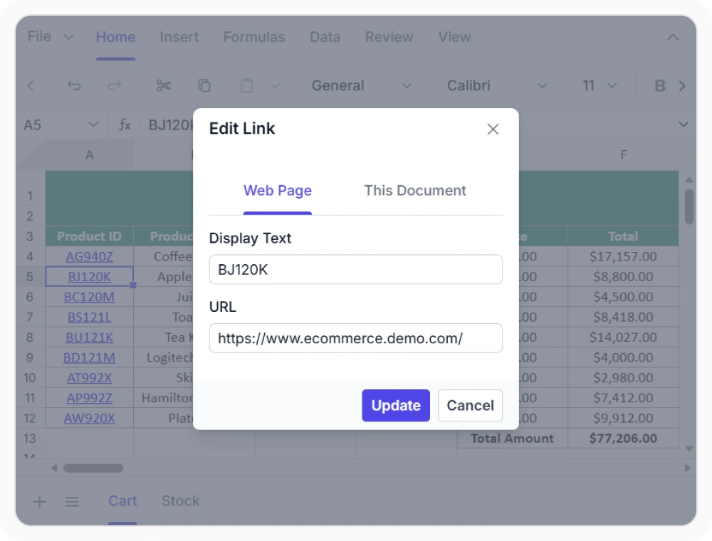 Hyperlink in React Spreadsheet Editor.