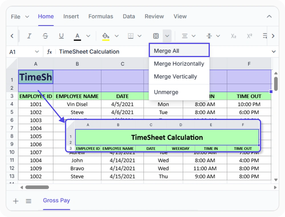 Merge Cells in React Spreadsheet Editor.