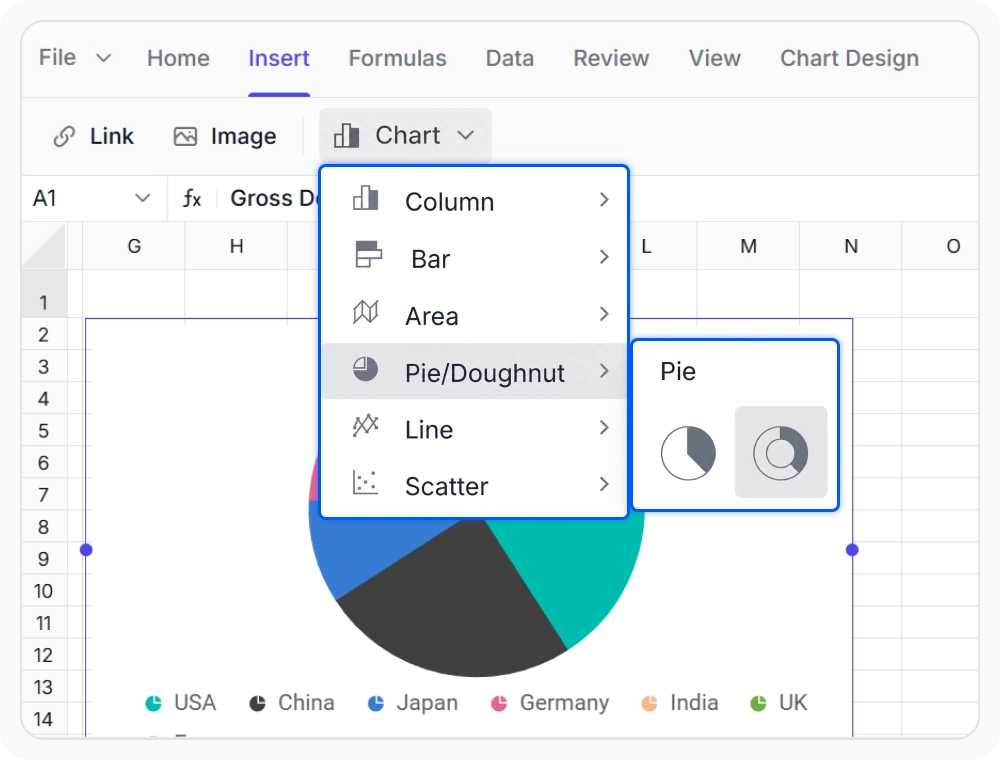 Pie chart in React Spreadsheet Editor.