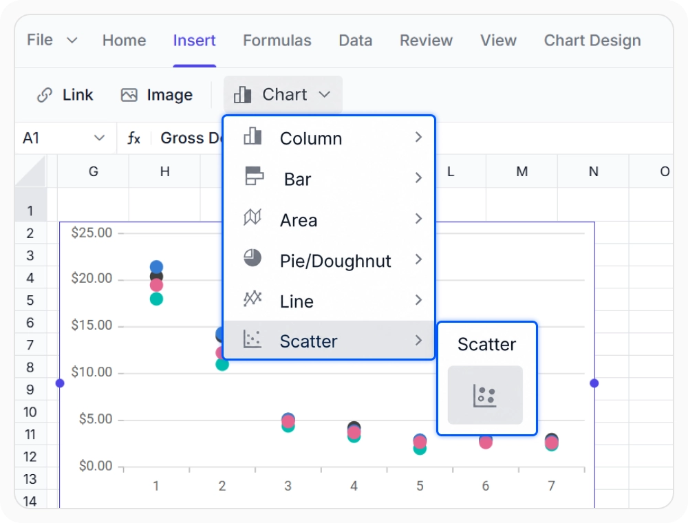 Scatter chart in React Spreadsheet Editor.