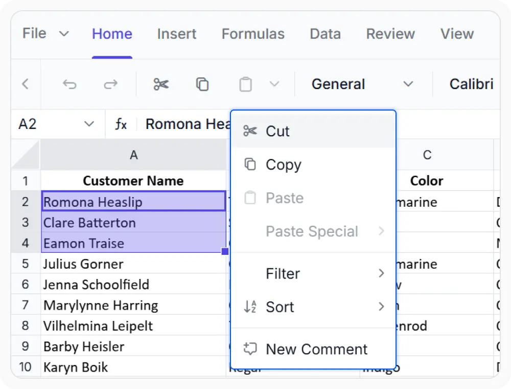 Cut operation in the React Spreadsheet Editor.