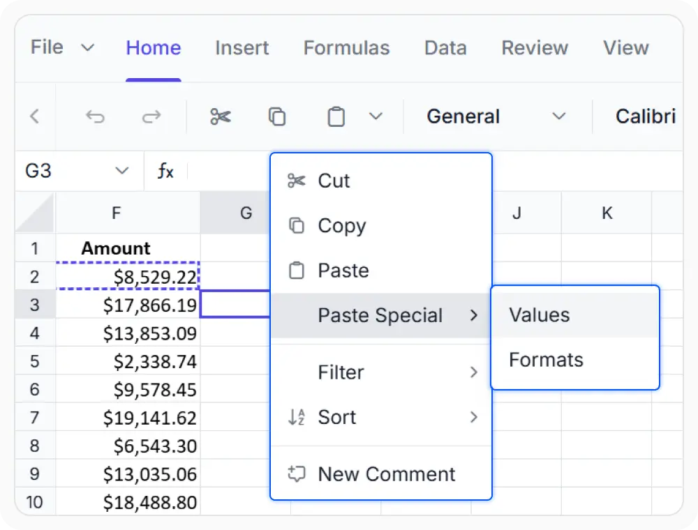 Paste and paste special options React Spreadsheet Editor.