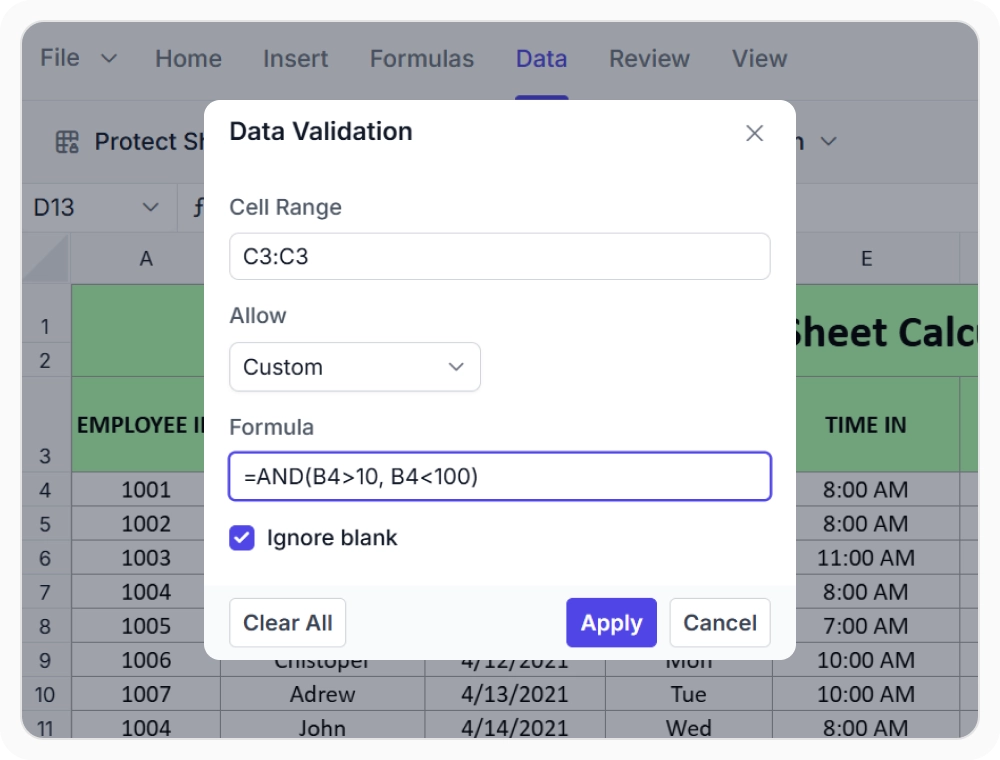 Custom data validation in React Spreadsheet Editor