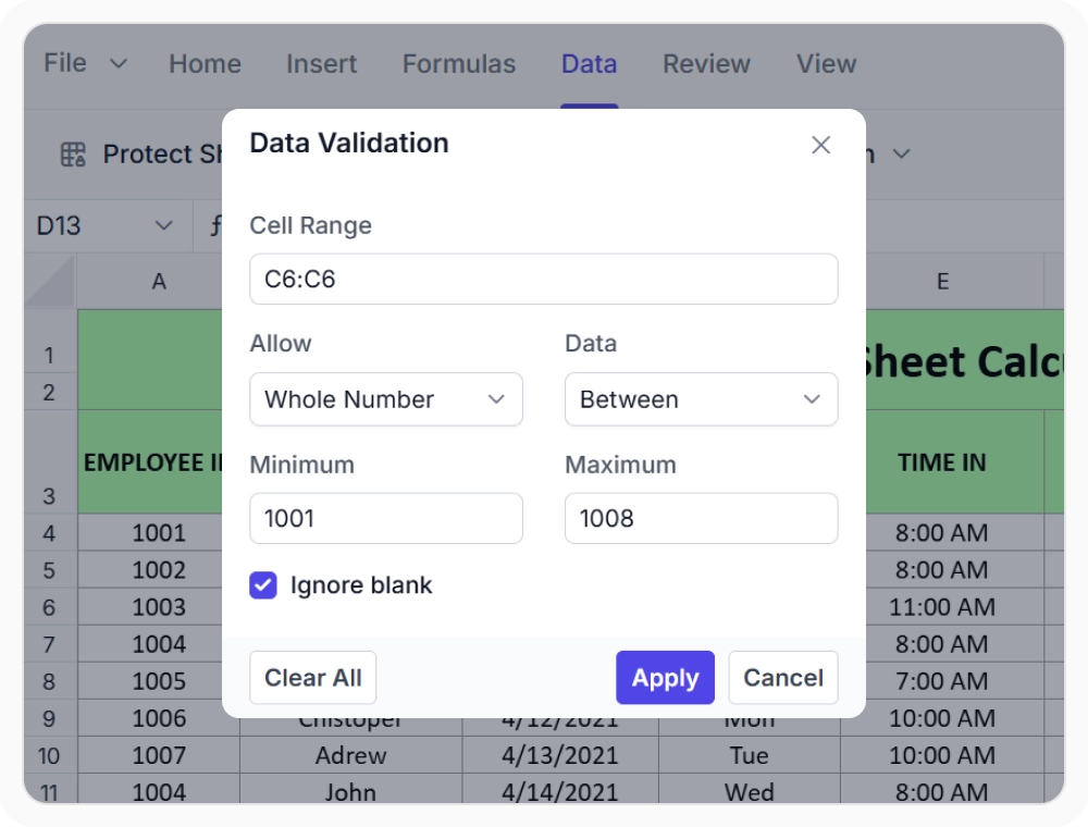 Standard data validation in React Spreadsheet Editor