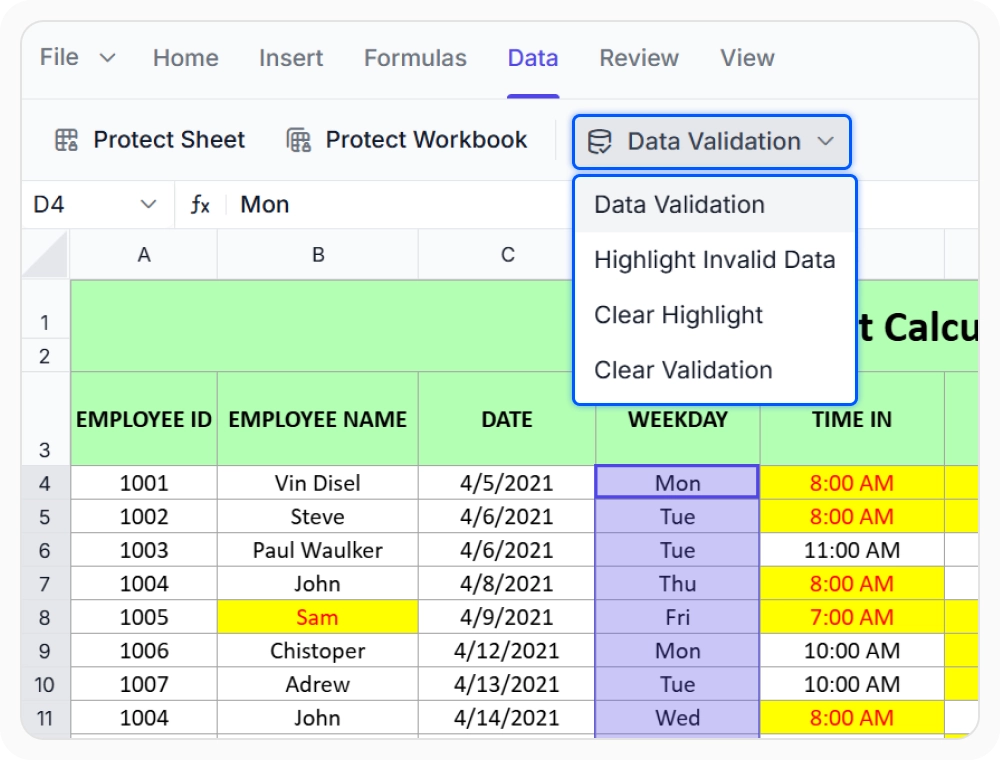 Validation management in React Spreadsheet Editor