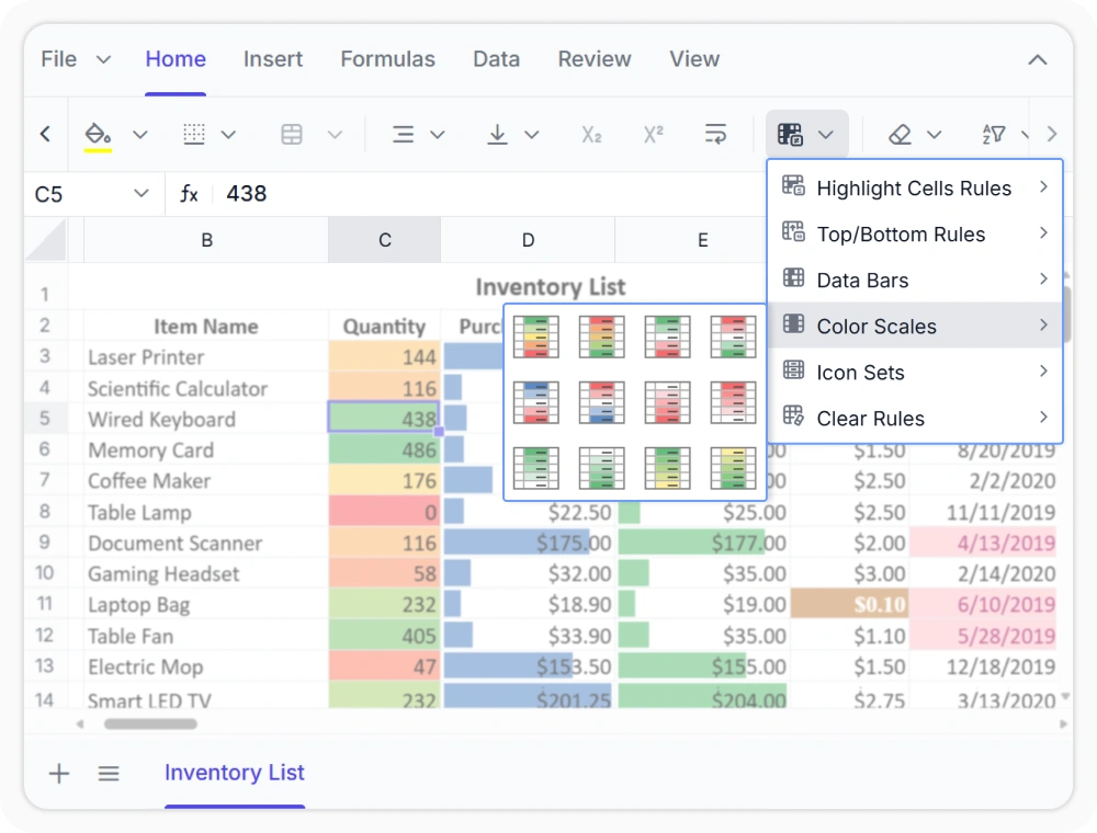 Conditional formatting in React Spreadsheet Editor.