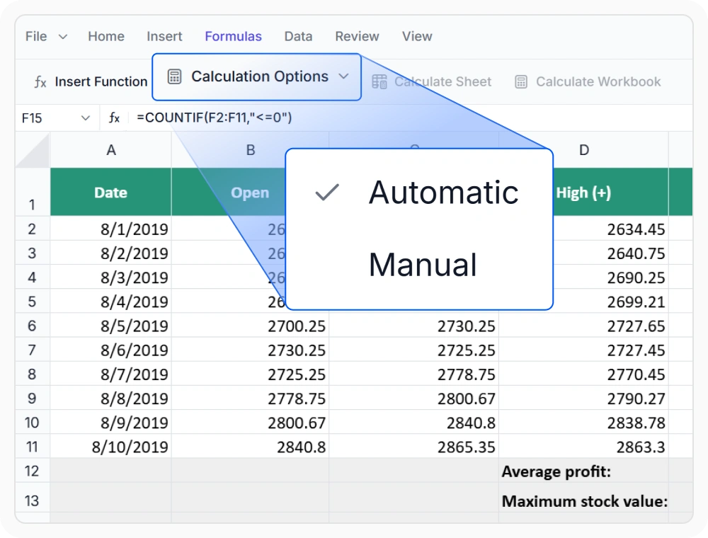 Automatic and manual calculation modes in React Spreadsheet Editor