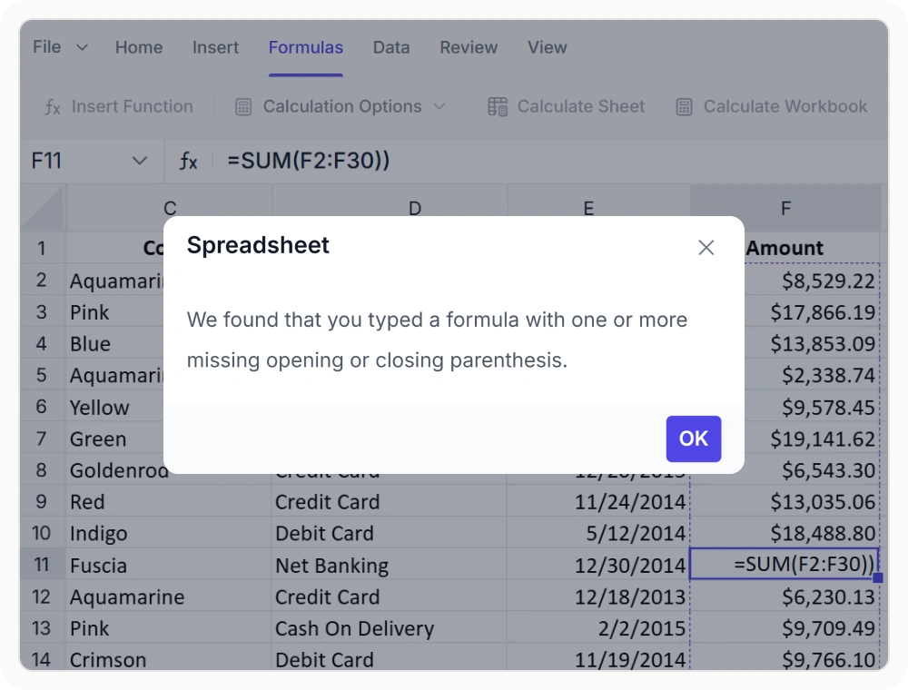 Formula validation and error detection dialog in React Spreadsheet Editor