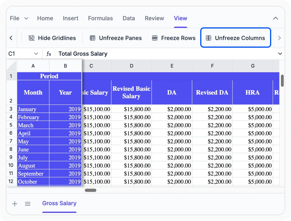 Freeze columns in React Spreadsheet Editor.