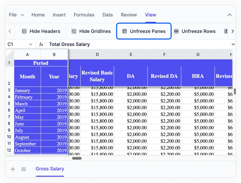 Freeze rows and columns in React Spreadsheet Editor.