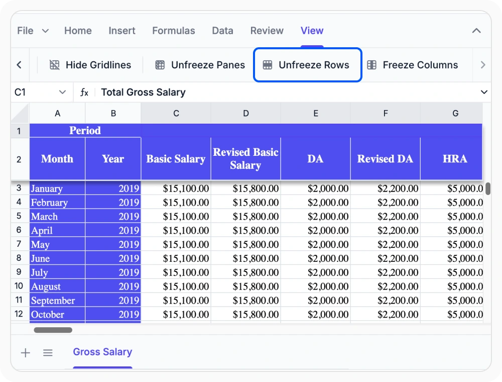 Freeze rows in React Spreadsheet Editor.