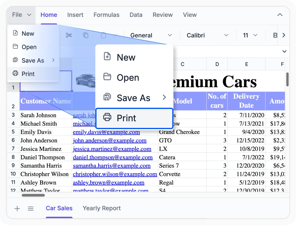 Print spreadsheets in the React Spreadsheet Editor