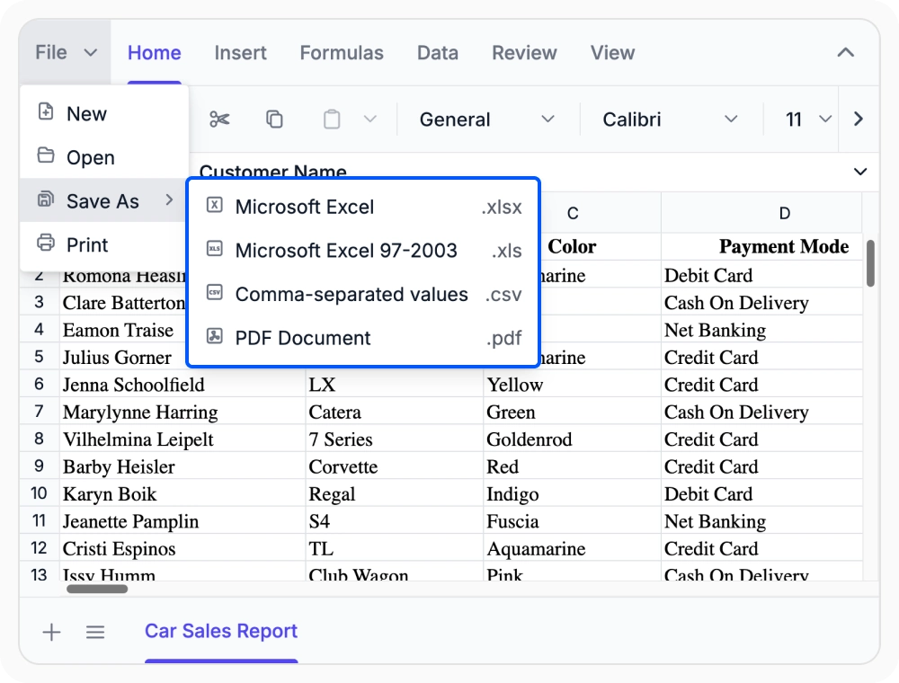 Save and export in the React Spreadsheet Editor