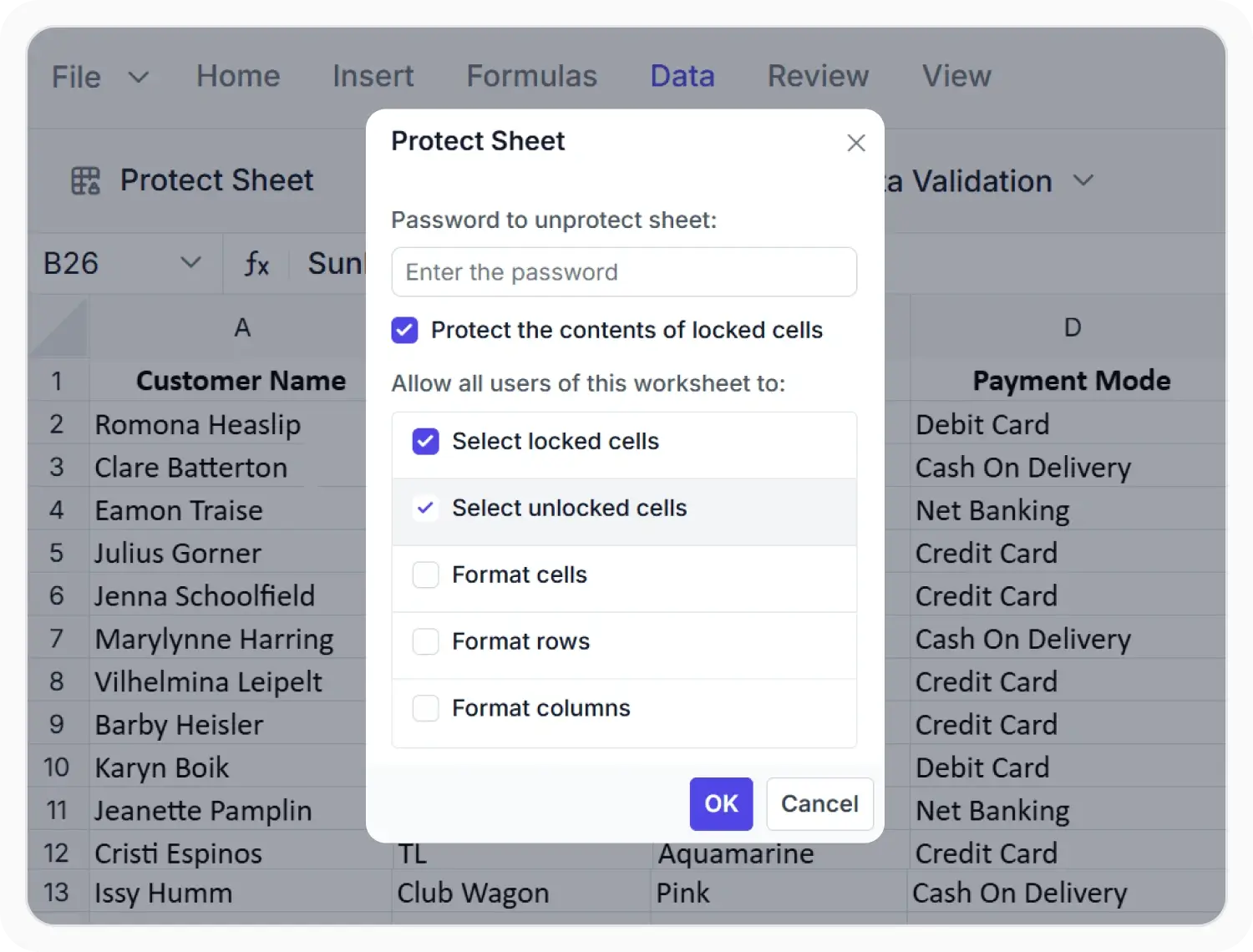 Protect sheet in React Spreadsheet Editor.