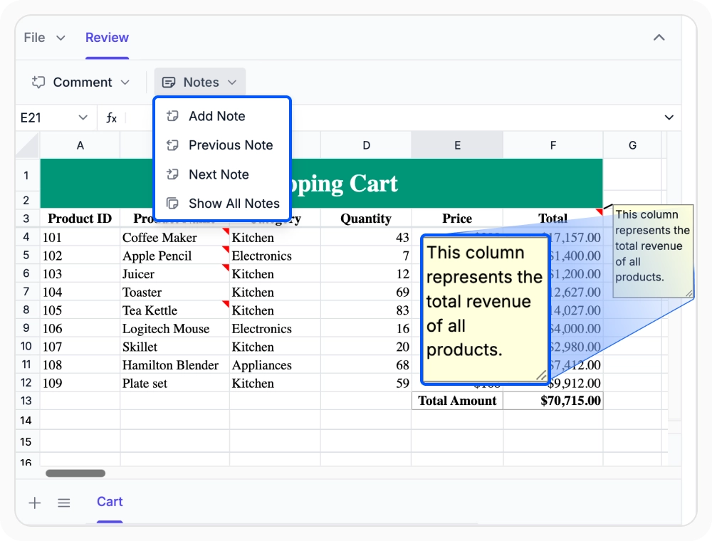 Cell notes in the React Spreadsheet Editor