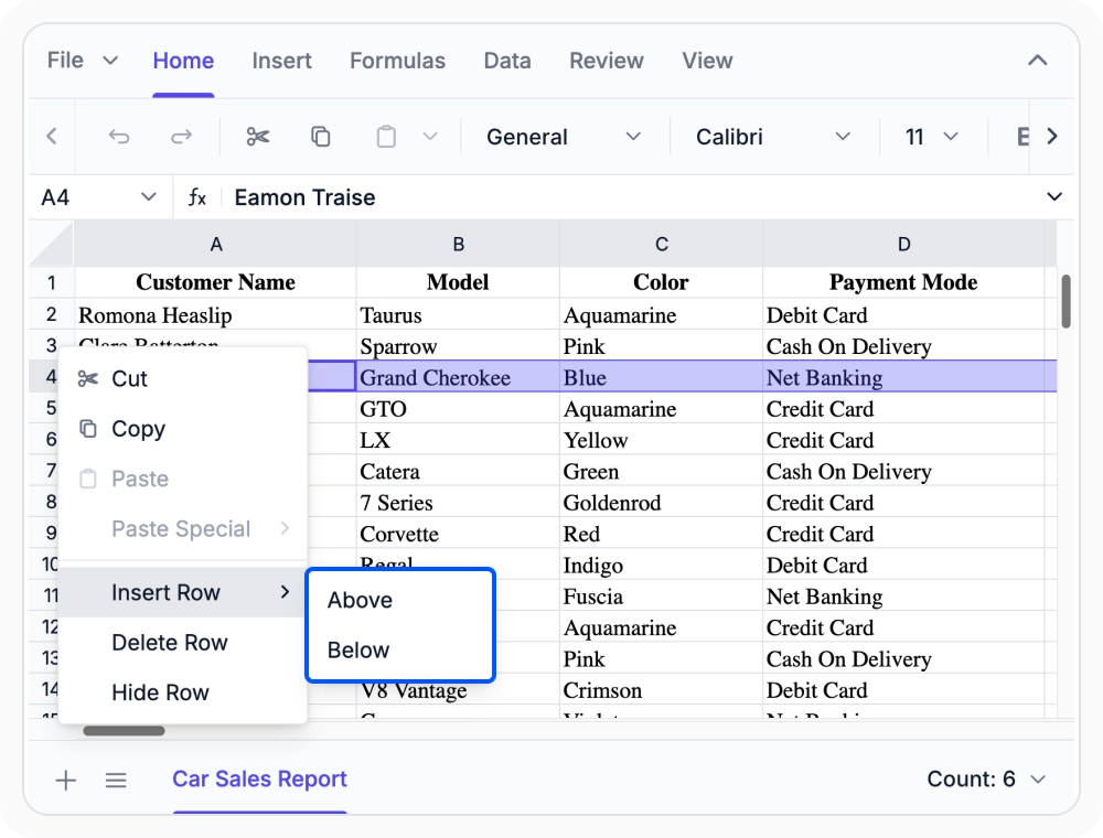 Insert and delete row and columns in React Spreadsheet Editor.