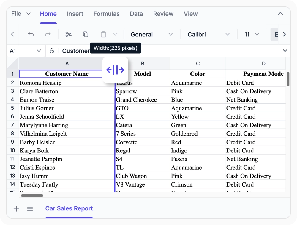 Resize and autofit option in React Spreadsheet Editor.