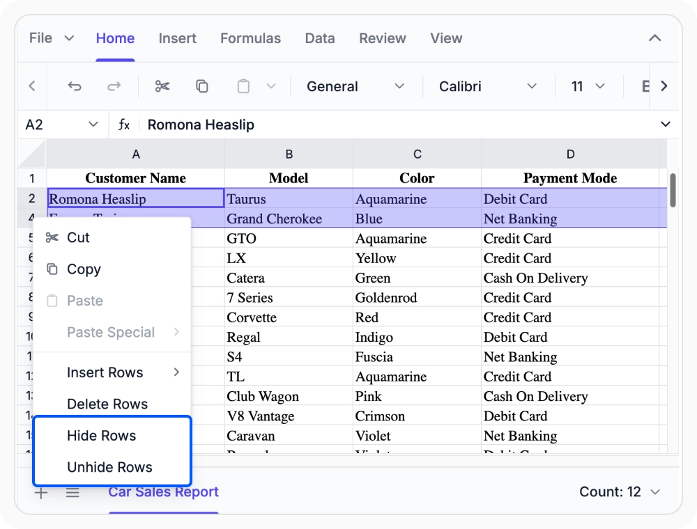Show and hide rows and columns in React Spreadsheet Editor.
