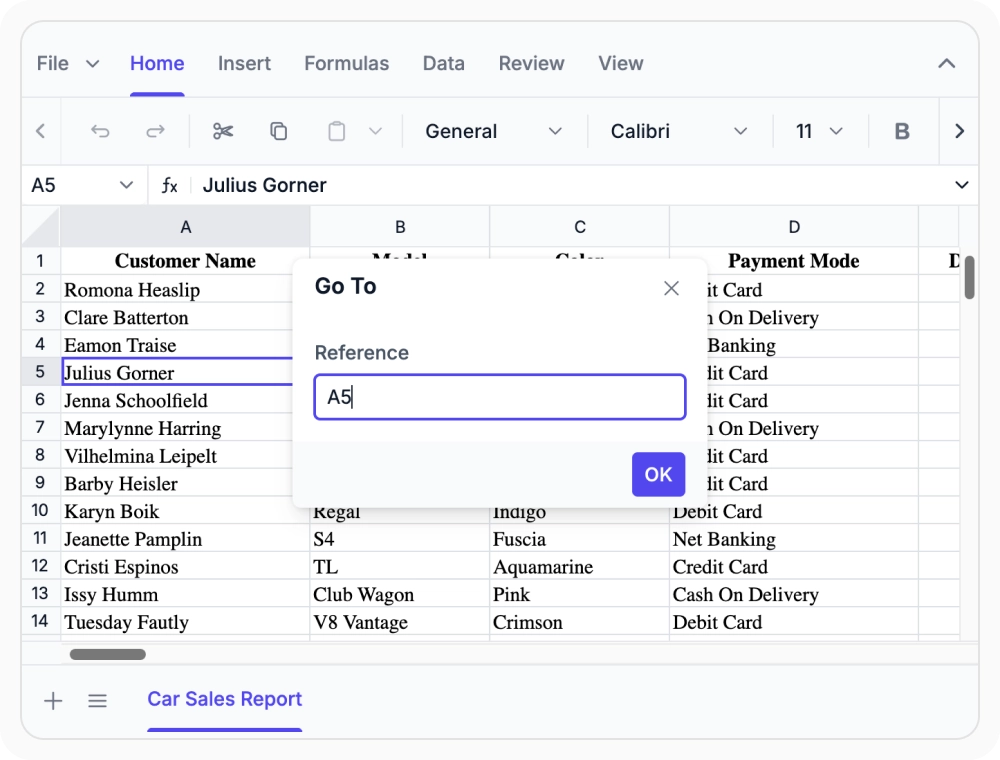 Go To navigation in the React Spreadsheet Editor.
