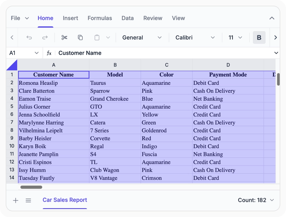 Cell and range selection in the React Spreadsheet Editor.