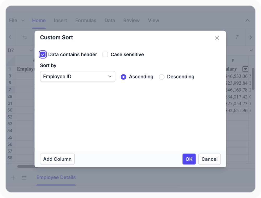 Custom sorting in React Spreadsheet Editor