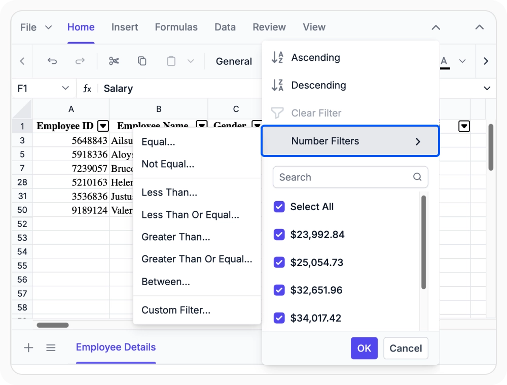 Column filtering in React Spreadsheet Editor