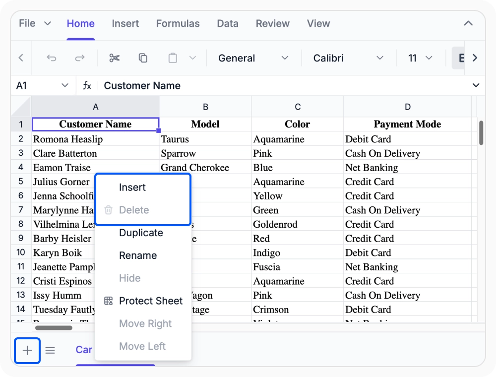 Insert and remove worksheet in React Spreadsheet Editor.