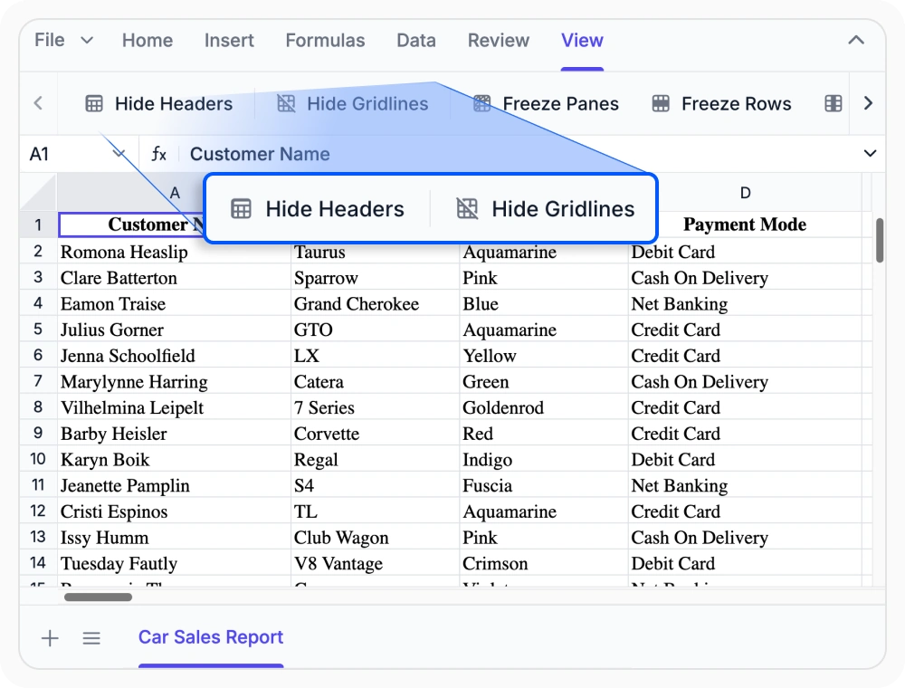 Header gridlines in React Spreadsheet Editor.