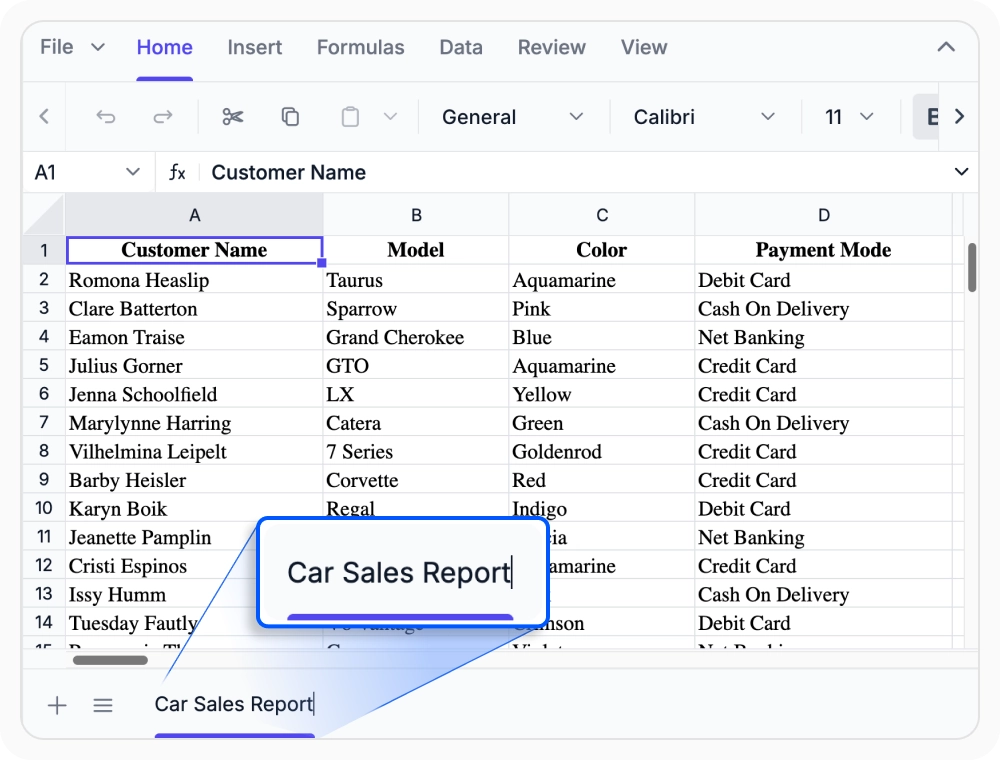 Rename worksheet in React Spreadsheet Editor.