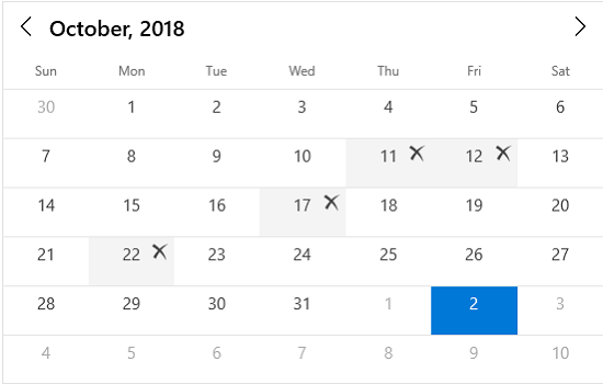 Blackout dates in UWP calendar control