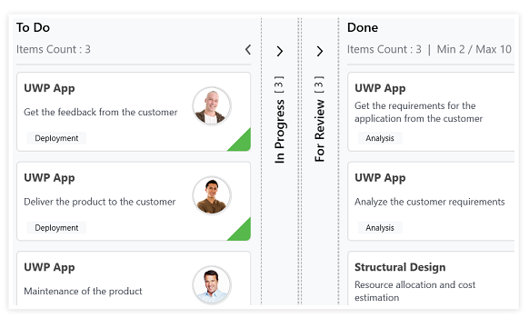 uwp kanban with expanded and collapsed columns