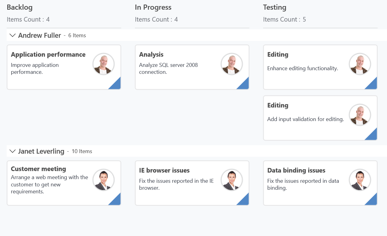 uwp kanban tasks are categorized with swim lanes