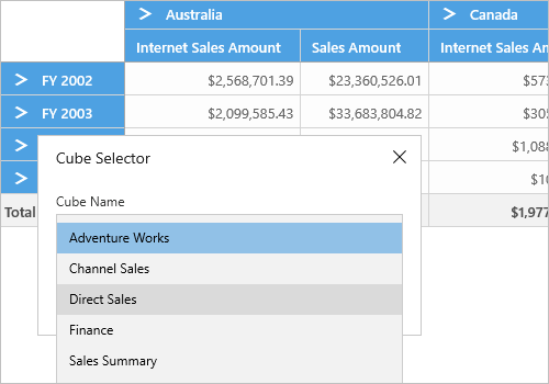 Cube selector support in UWP Pivot and OLAP Browser
