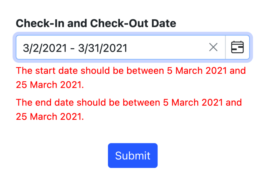 Vue DateRangePicker validation.