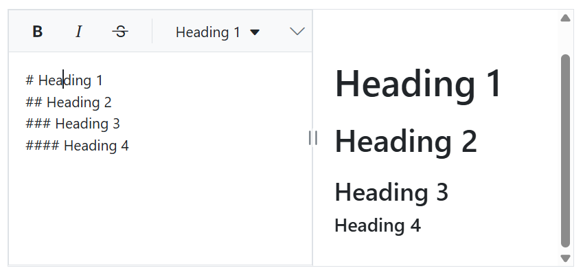 The Vue markdown editor heading format.