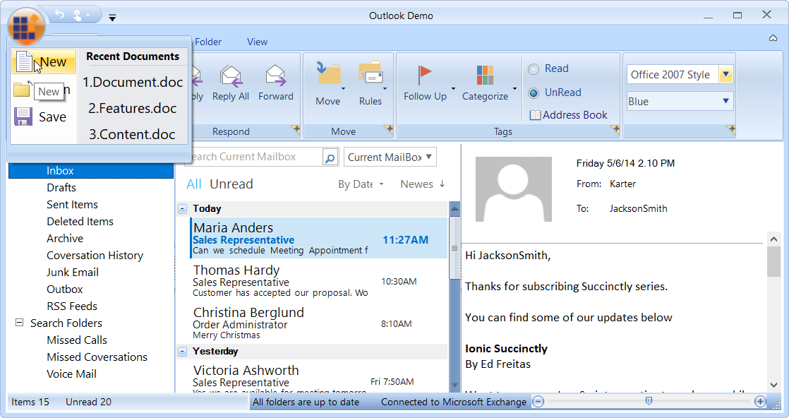 WinForms Ribbon shows Office 2007 application menu.