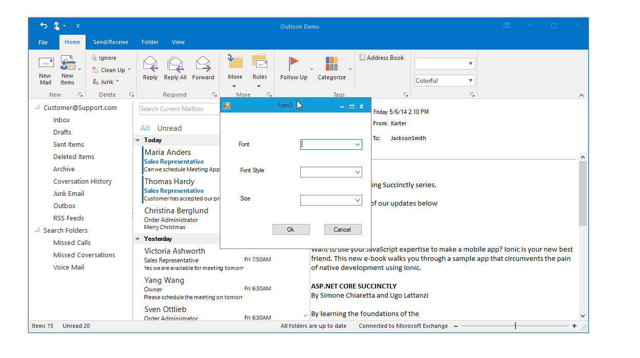WinForms Ribbon shows mini-toolbar option.