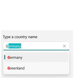 WinUI AutoComplete control with text highlighted for matched search text.