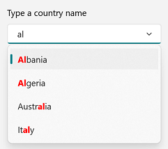 WinUI ComboBox control with text highlighted for all the occurrences.