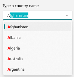WinUI ComboBox control with text highlighted for the first occurrence.