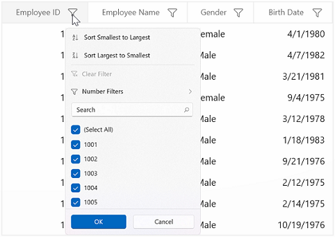 WinUI DataGrid filter like Excel.