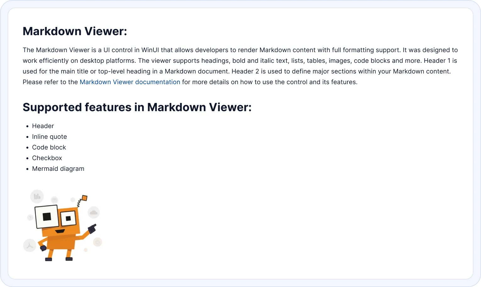 WinUI Markdown Viewer displaying formatted content.